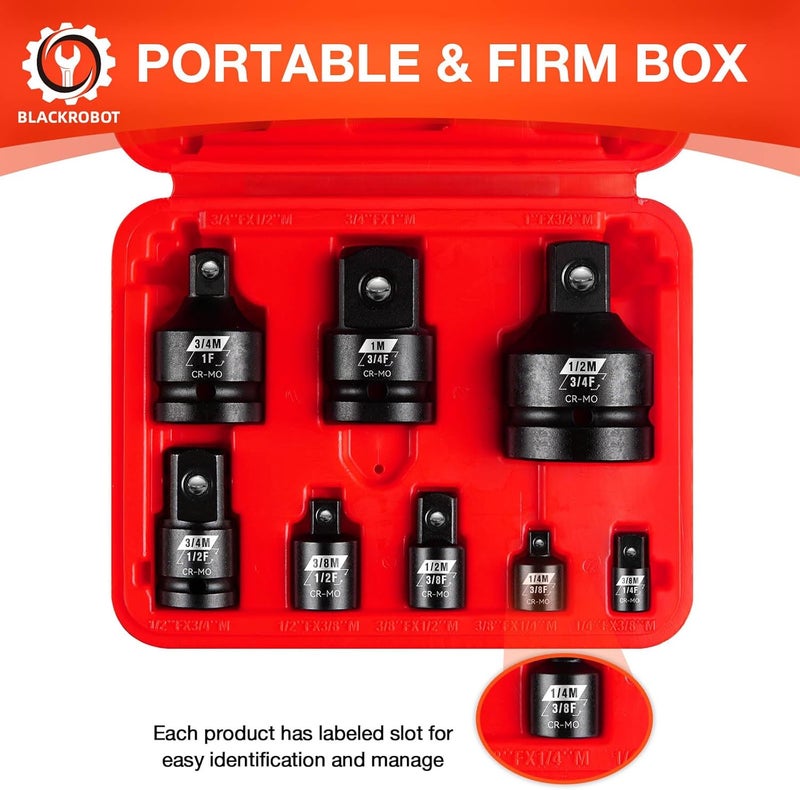 BLACKROBOT 8PCS Impact Socket Adapter Set, 1” 3/4” 1/4" 3/8" 1/2" Drive Socket Adapter Set, Square Adapter and Reducer Conversion Set for Impact Driver Wrench, Cr-Mo Steel - Image 5